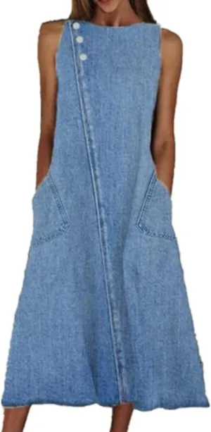 Denim Dress for Women Casual Summer Jean Dresses Midi Length Sleeveless Tank Dress with Pockets Plus Size