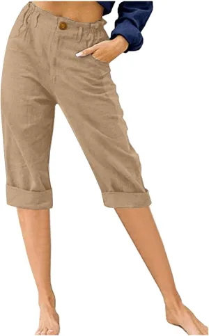 DGZTWLL Linen Capri Pants for Women Casual Summer Petite to Plus Size Loose Fit Elastic Wide Leg Trousers for Women