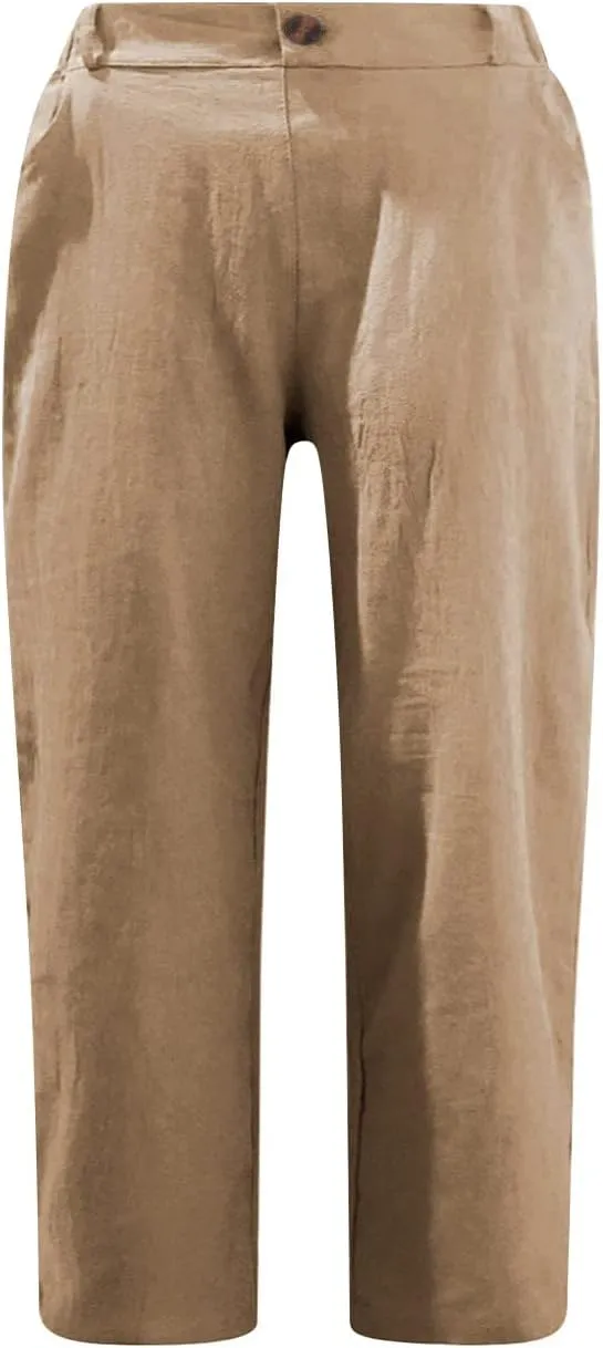 DGZTWLL Linen Capri Pants for Women Casual Summer Petite to Plus Size Loose Fit Elastic Wide Leg Trousers for Women