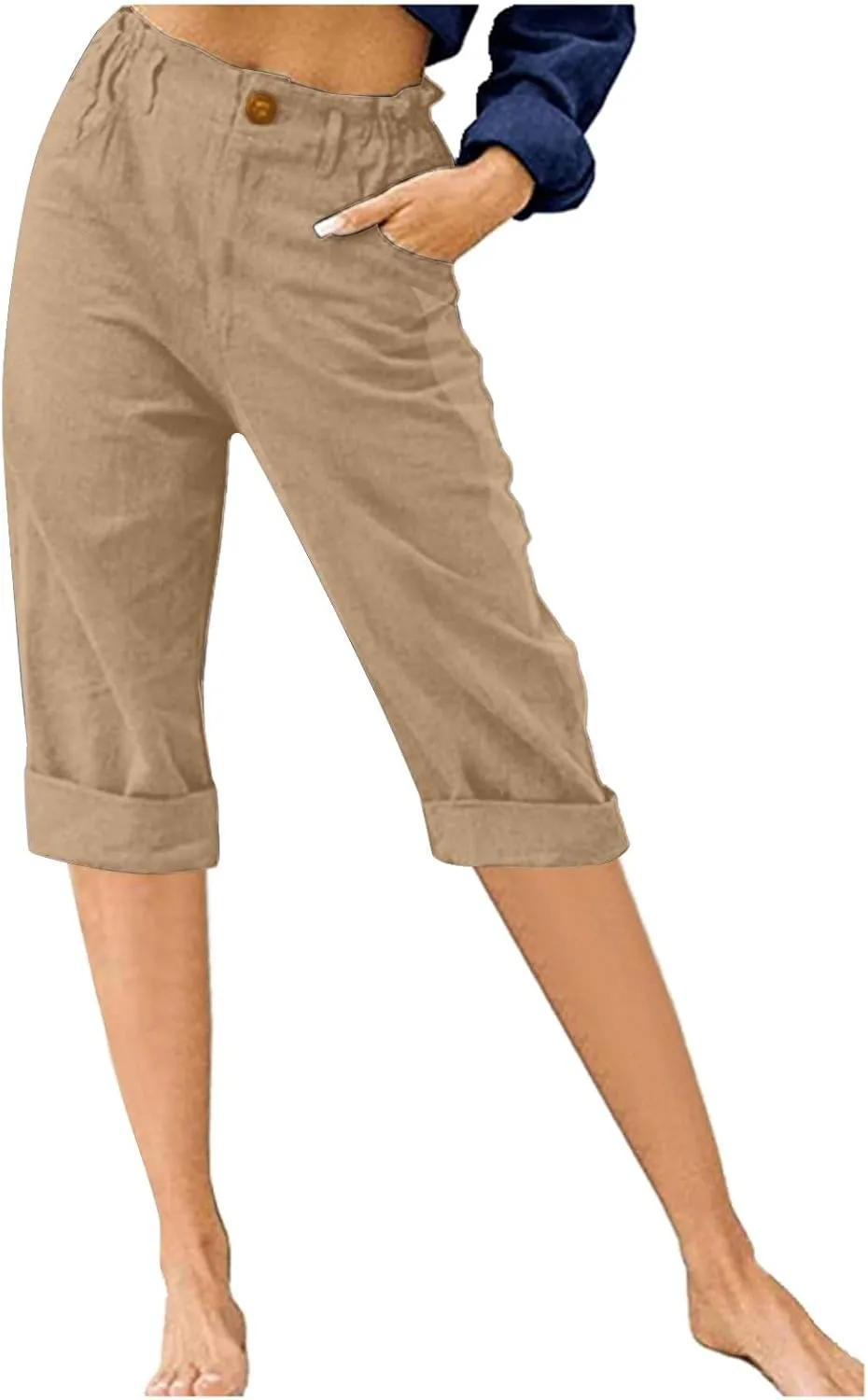 DGZTWLL Linen Capri Pants for Women Casual Summer Petite to Plus Size Loose Fit Elastic Wide Leg Trousers for Women
