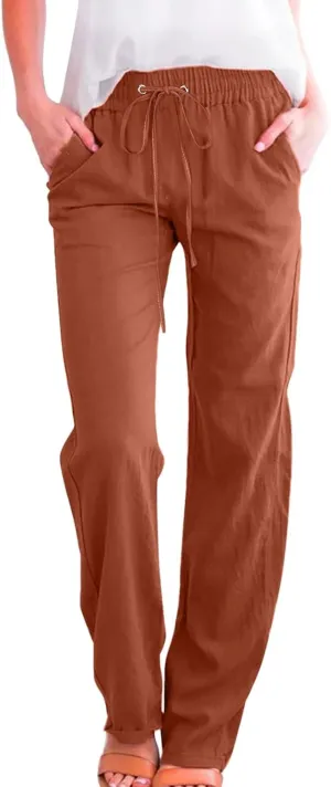 Drawstring Lightweight Cotton Linen Pants Women Summer Casual Solid High Waisted Straight Leg Lounge Trousers Slacks