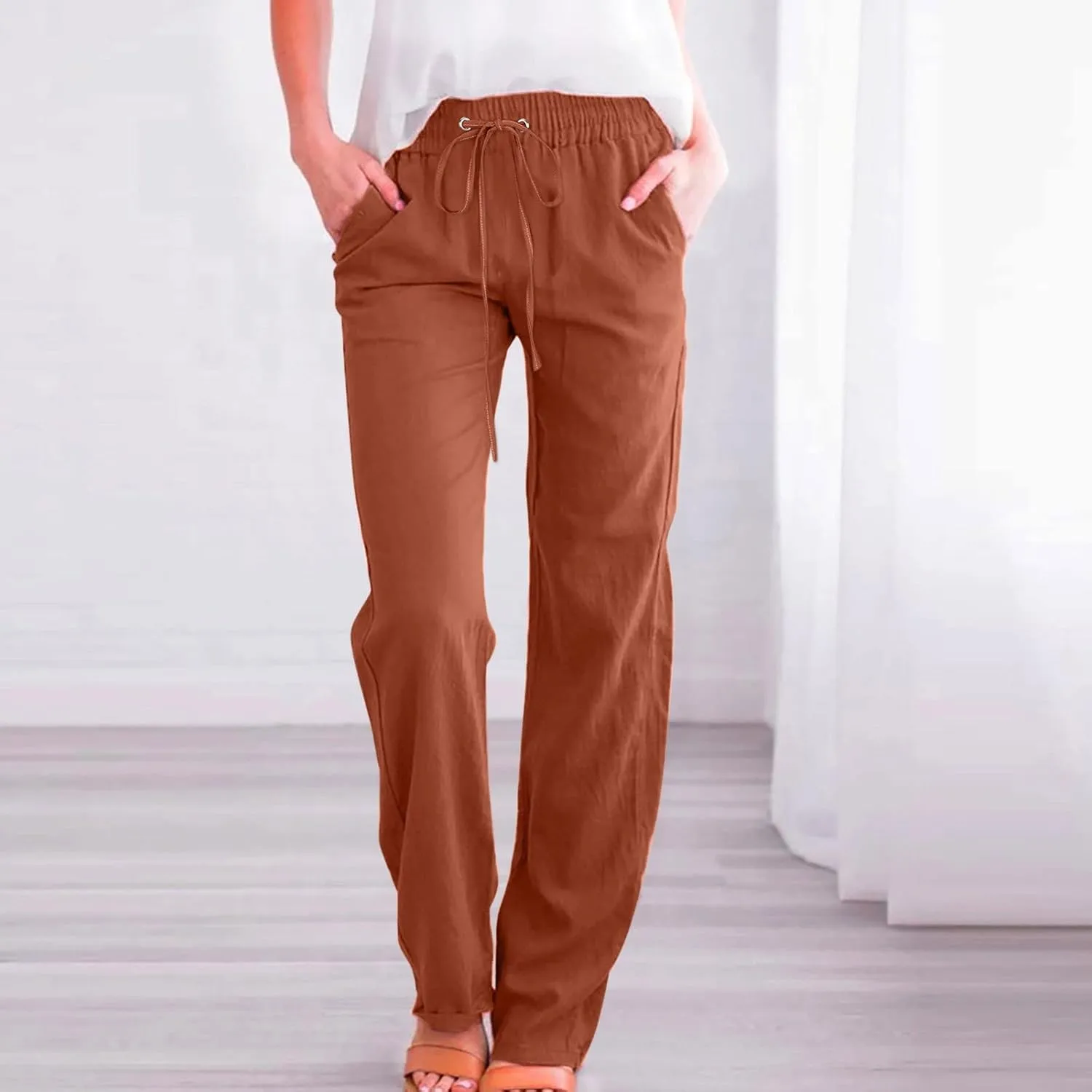 Drawstring Lightweight Cotton Linen Pants Women Summer Casual Solid High Waisted Straight Leg Lounge Trousers Slacks