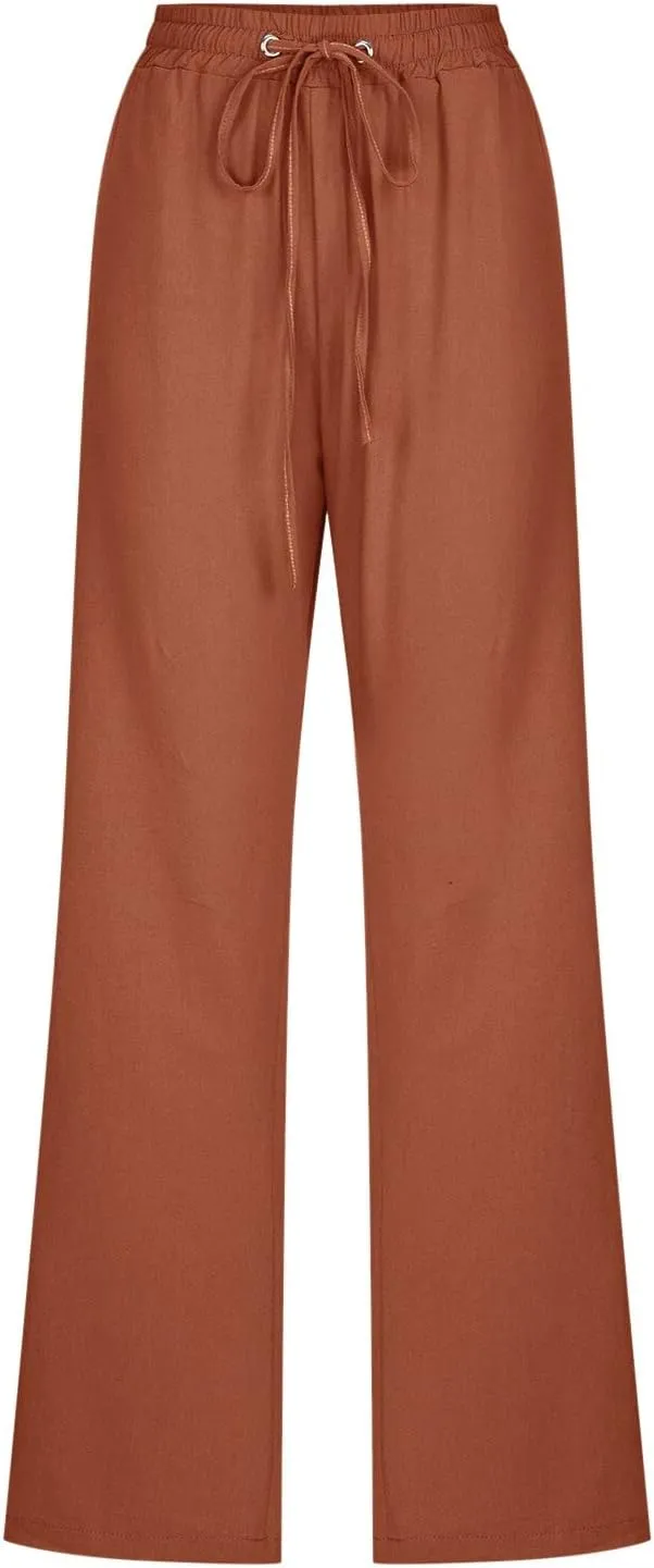 Drawstring Lightweight Cotton Linen Pants Women Summer Casual Solid High Waisted Straight Leg Lounge Trousers Slacks
