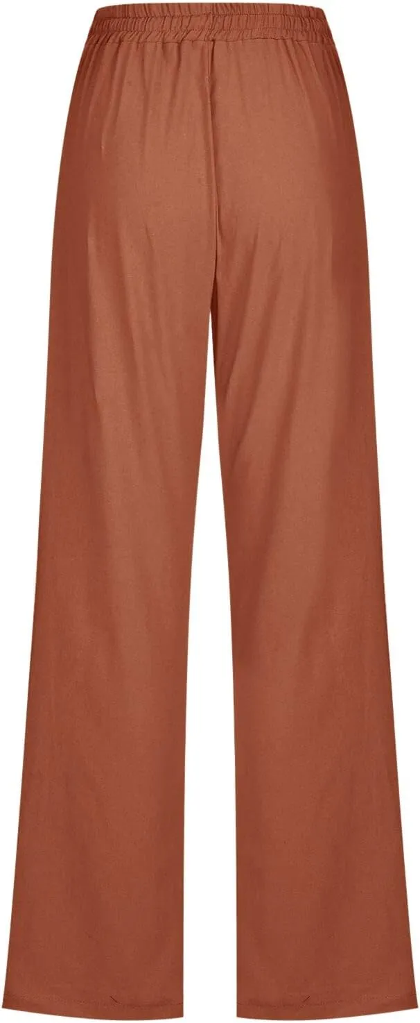 Drawstring Lightweight Cotton Linen Pants Women Summer Casual Solid High Waisted Straight Leg Lounge Trousers Slacks