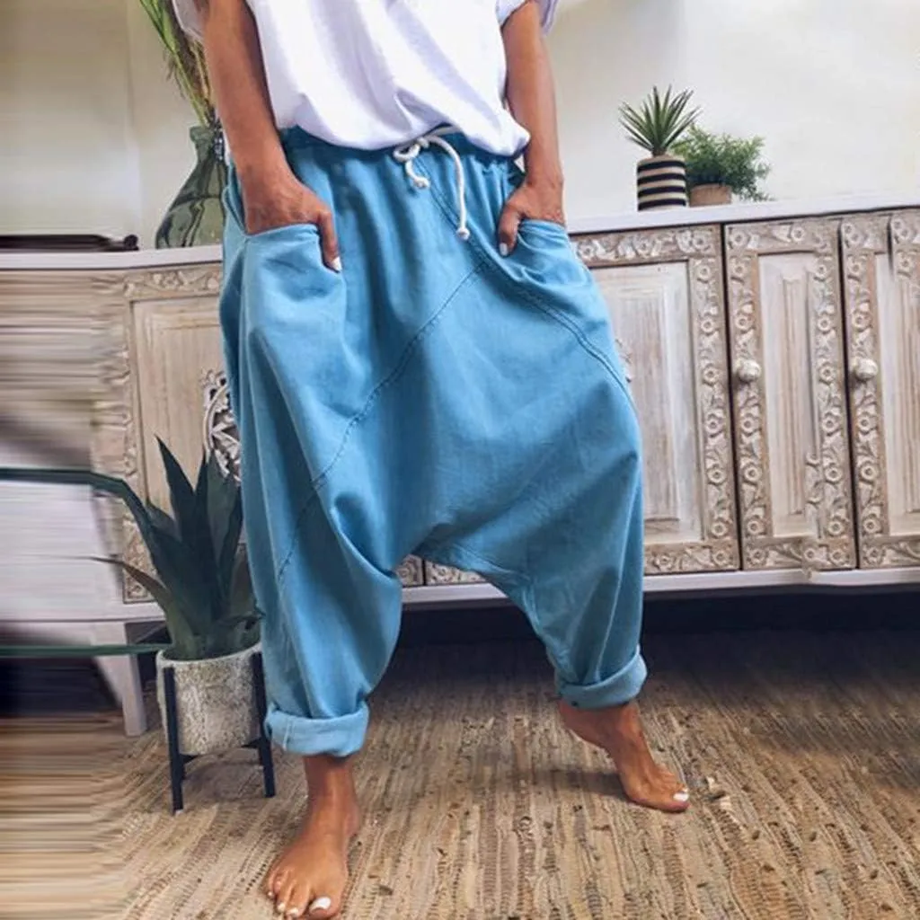 Drop Crotch Harem Pants for Women Baggy Elastic Waist Drawstring Boho Pants Summer Cotton-Blend Hip Hop Yoga Trousers