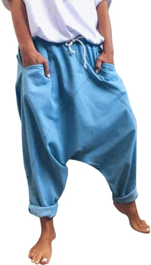 Drop Crotch Harem Pants for Women Baggy Elastic Waist Drawstring Boho Pants Summer Cotton-Blend Hip Hop Yoga Trousers