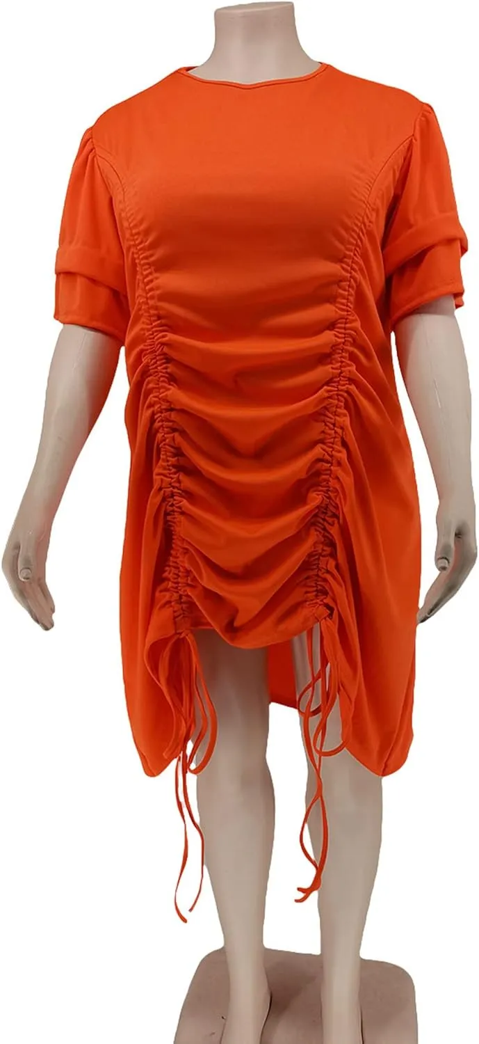 ECDAHICC Women's Plus Size Casual Loose Ruffle Layered Short Sleeve Crewneck Ruched Drawstring Midi Dress Beachwear