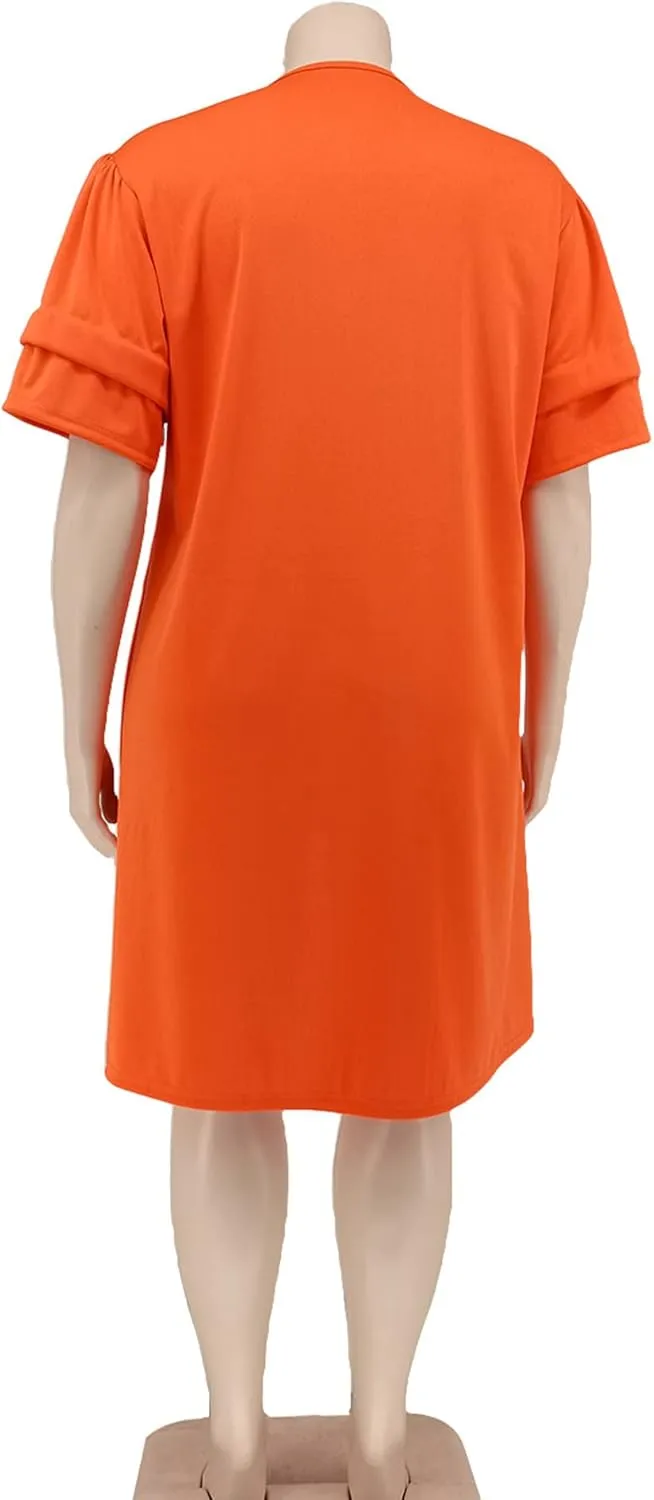 ECDAHICC Women's Plus Size Casual Loose Ruffle Layered Short Sleeve Crewneck Ruched Drawstring Midi Dress Beachwear
