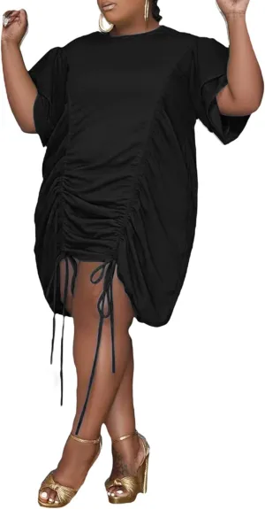 ECDAHICC Women's Plus Size Casual Loose Ruffle Layered Short Sleeve Crewneck Ruched Drawstring Midi Dress Beachwear