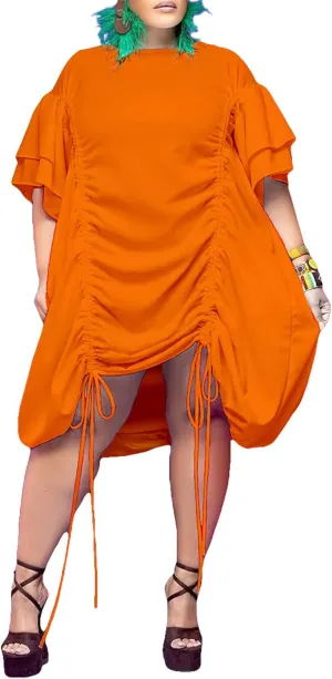 ECDAHICC Women's Plus Size Casual Loose Ruffle Layered Short Sleeve Crewneck Ruched Drawstring Midi Dress Beachwear