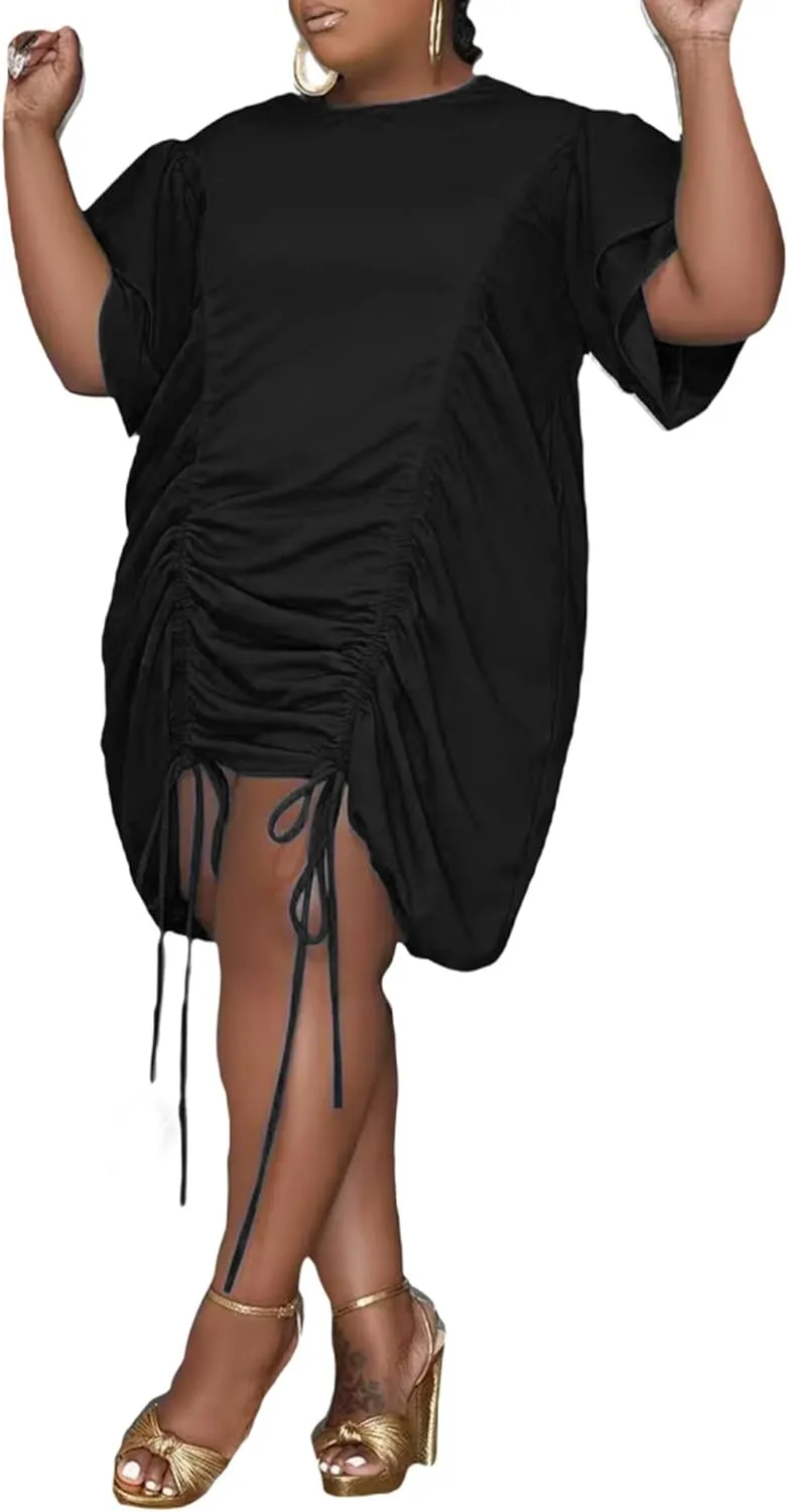 ECDAHICC Women's Plus Size Casual Loose Ruffle Layered Short Sleeve Crewneck Ruched Drawstring Midi Dress Beachwear