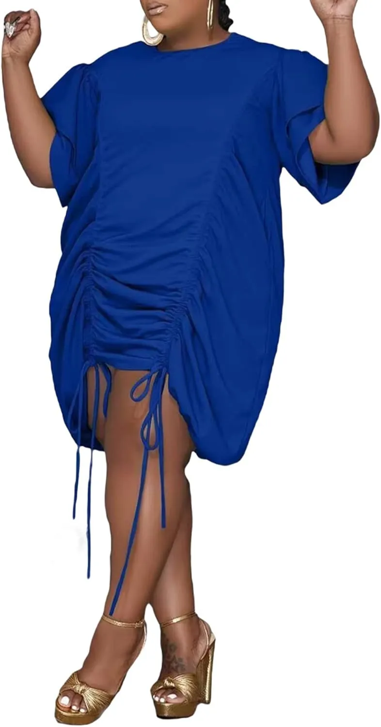 ECDAHICC Women's Plus Size Casual Loose Ruffle Layered Short Sleeve Crewneck Ruched Drawstring Midi Dress Beachwear