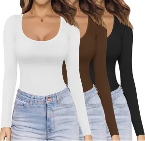 Ekouaer Womens 3 Pack Long Sleeve Shirts Scoop Neck Tops Stretch Fitted Undershirt Lightweight Basic Thermal Tee XS-XXL