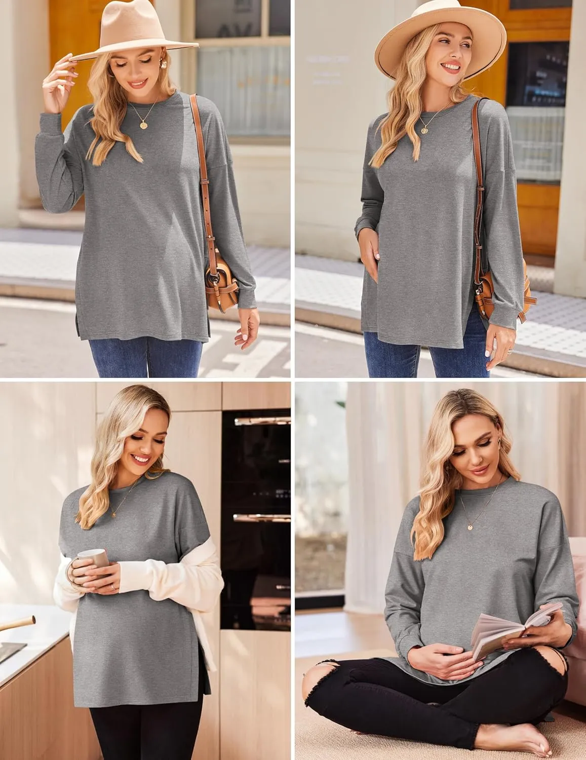 Ekouaer Womens 3 Packs Maternity Shirts Long Sleeve Side Ruched Pregnancy Tee Workout Top Tunic Blouse Mama Clothes