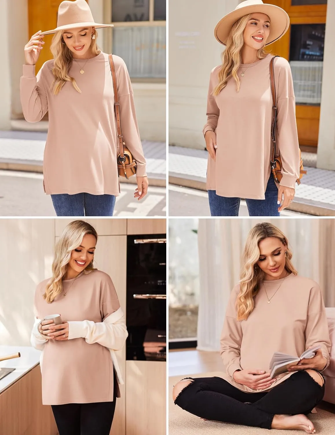 Ekouaer Womens 3 Packs Maternity Shirts Long Sleeve Side Ruched Pregnancy Tee Workout Top Tunic Blouse Mama Clothes
