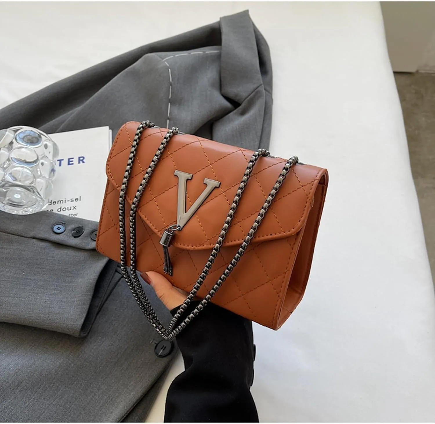 Evening Clutch for Women PU Leather Evening Bag Crossbody Bag Handbag Shoulder Bag for Party Prom Wedding (Brown)