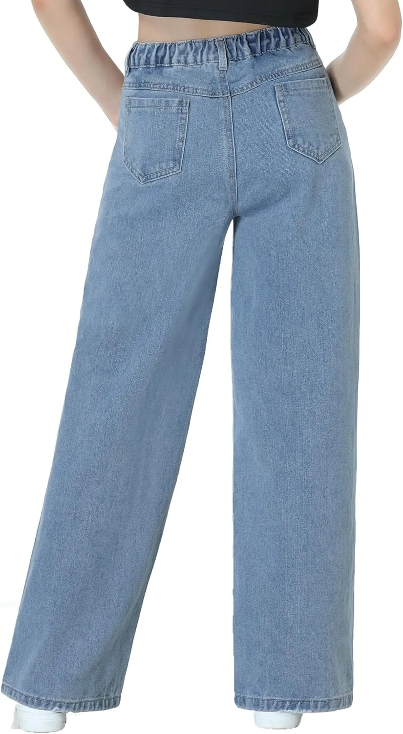 EXARUS Girls Jeans Wide Leg/Flare/Skinny Denim Pants Ripped Baggy High Waisted with Pockets Teen Casual Kids 6-14Y