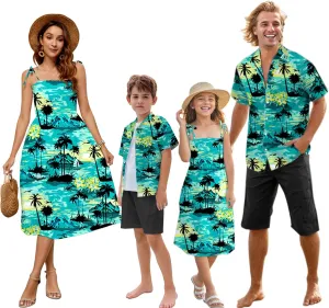 Family Matching Hawaiian Outfits, Dad and Son Beach Vacation Shirts Mommy Daughter Dress, 2T - X-Large