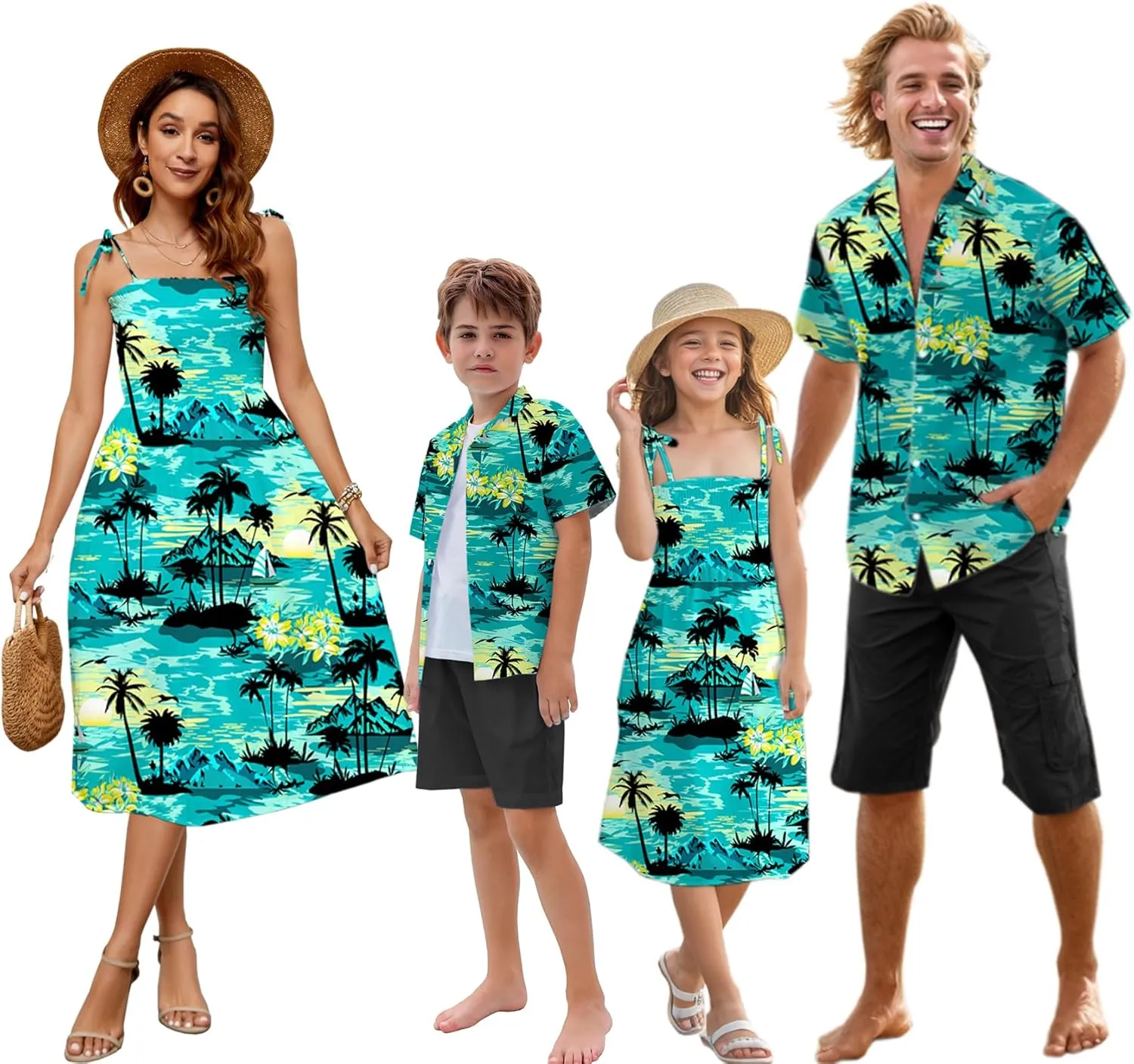 Family Matching Hawaiian Outfits, Dad and Son Beach Vacation Shirts Mommy Daughter Dress, 2T - X-Large
