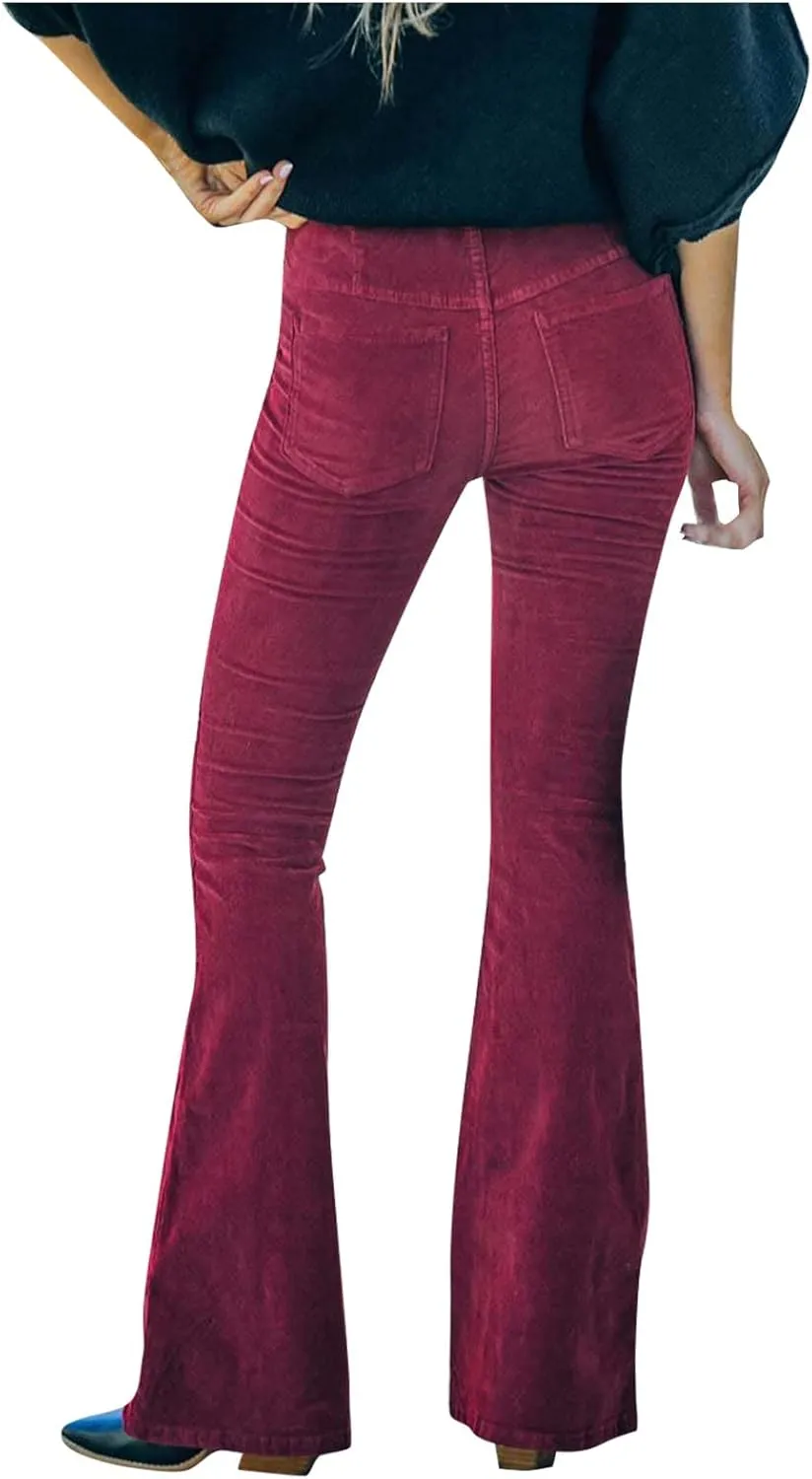 Febecool Cargo Pants Women Solid Color Slim Fit Micro Flared Pants Elastic Waist Casual Pants Corduroy