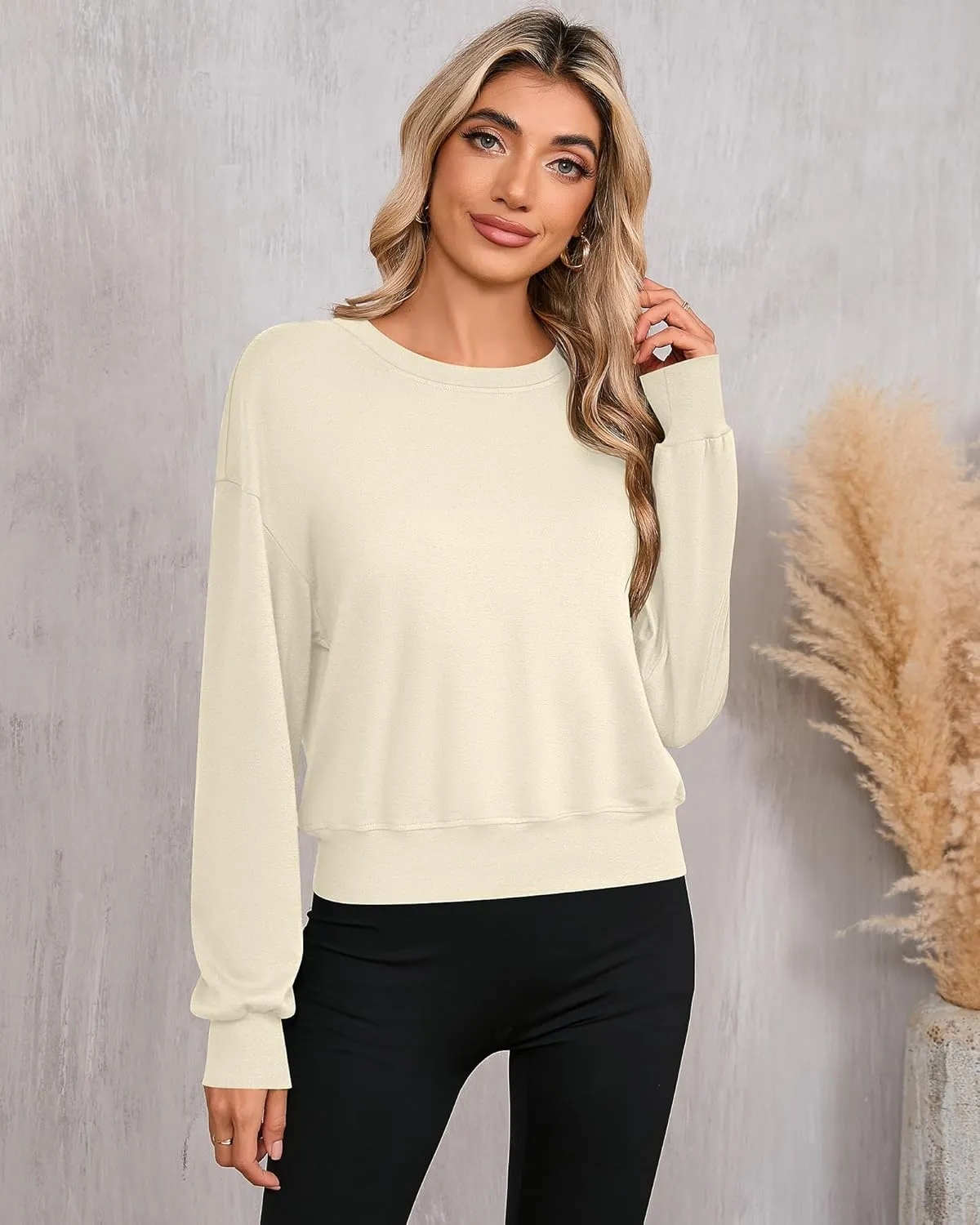Ficerd 3 Pack Women's Cropped Sweatshirts Long Sleeve Cotton Crew Neck Pullover Tops Casual Solid Sweat Shirts