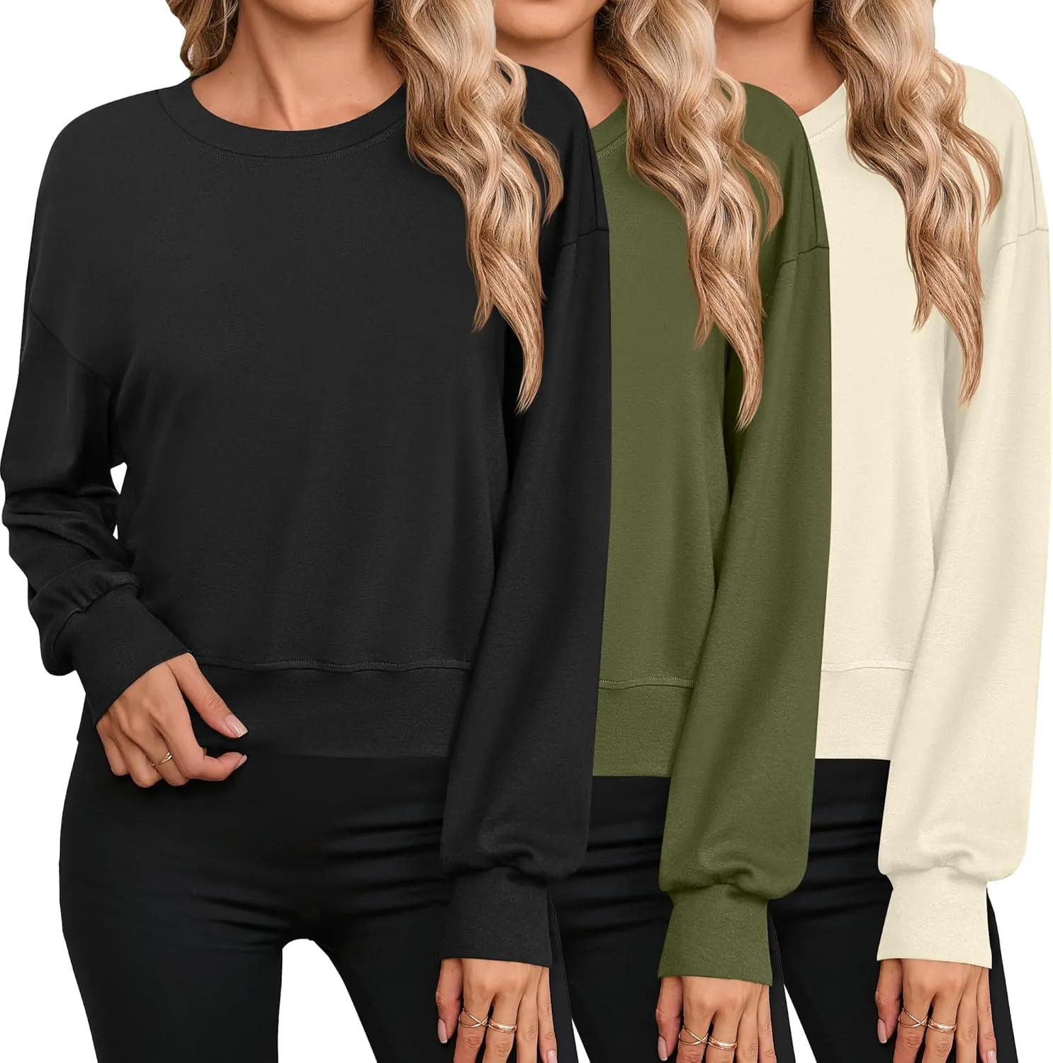 Ficerd 3 Pack Women's Cropped Sweatshirts Long Sleeve Cotton Crew Neck Pullover Tops Casual Solid Sweat Shirts