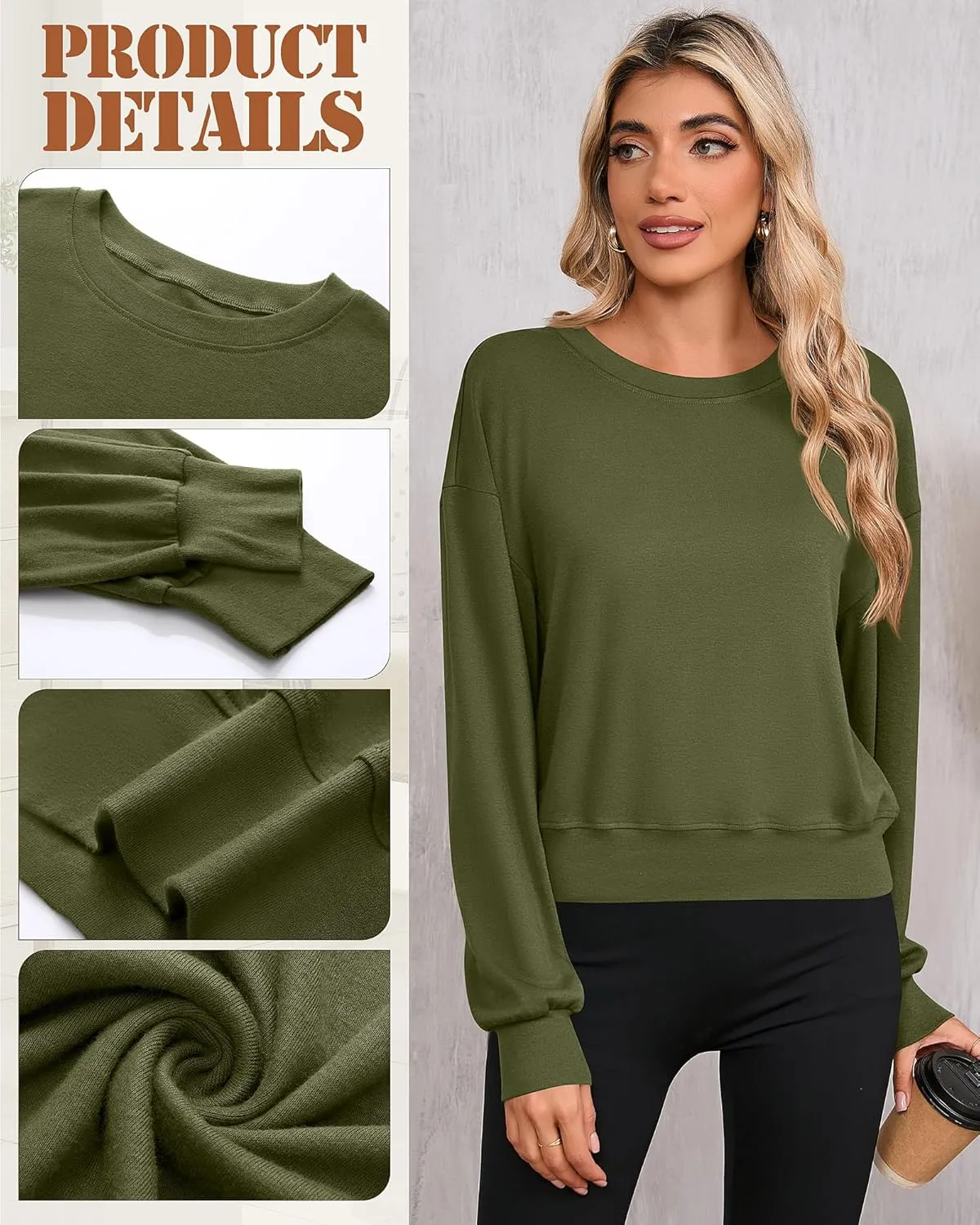 Ficerd 3 Pack Women's Cropped Sweatshirts Long Sleeve Cotton Crew Neck Pullover Tops Casual Solid Sweat Shirts