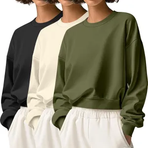 Ficerd 3 Pack Women's Cropped Sweatshirts Long Sleeve Cotton Crew Neck Pullover Tops Casual Solid Sweat Shirts