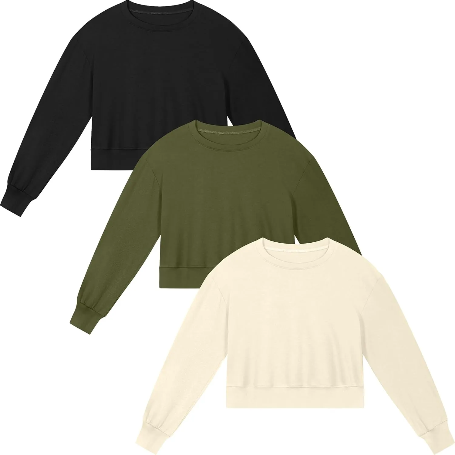 Ficerd 3 Pack Women's Cropped Sweatshirts Long Sleeve Cotton Crew Neck Pullover Tops Casual Solid Sweat Shirts
