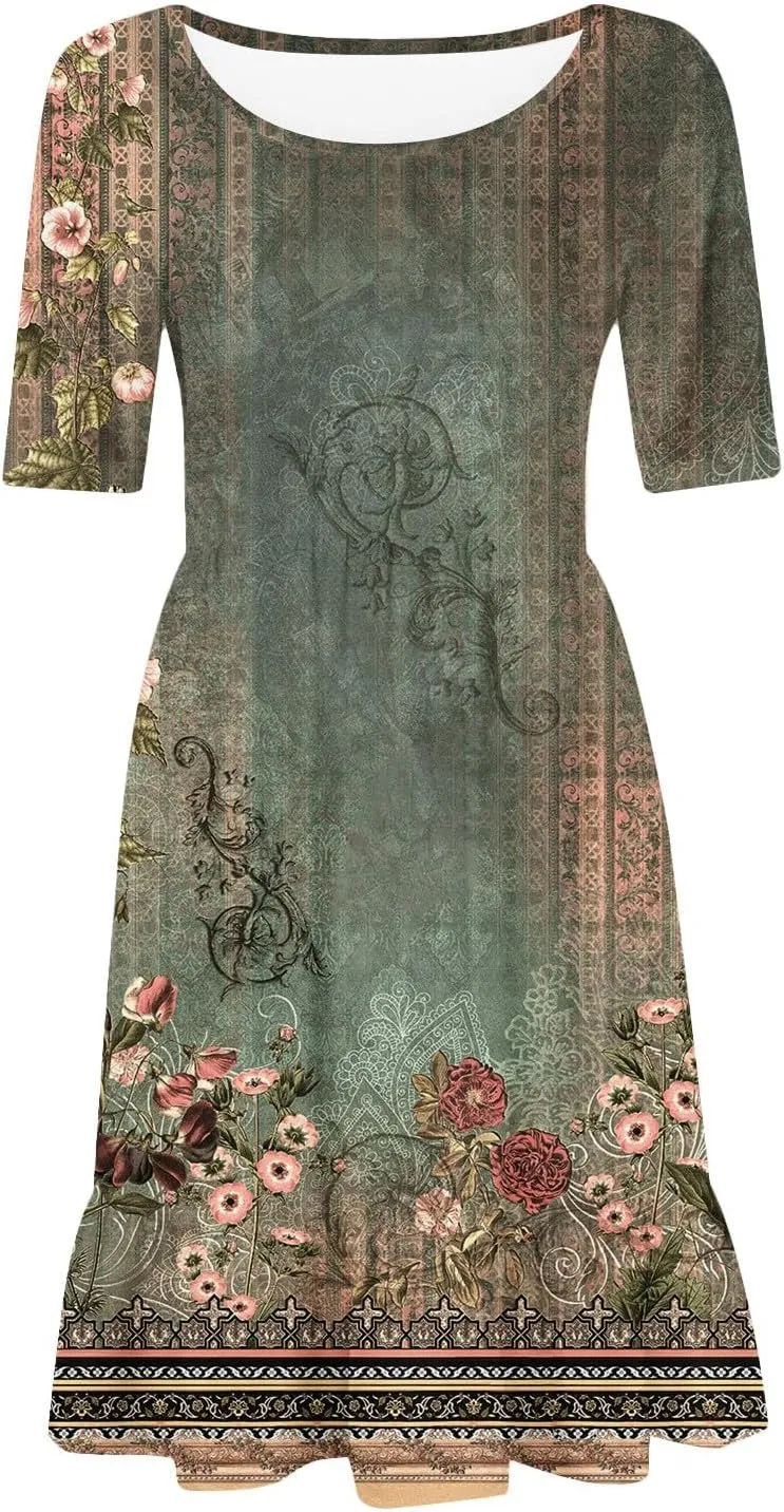 Floral Dress for Women Summer Boho U Neck Short Sleeve Beach Vacation Dresses Casual Fitted Midi Dress with Pockets
