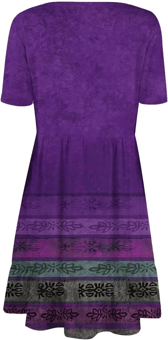 Floral Dress for Women Summer Boho U Neck Short Sleeve Beach Vacation Dresses Casual Fitted Midi Dress with Pockets