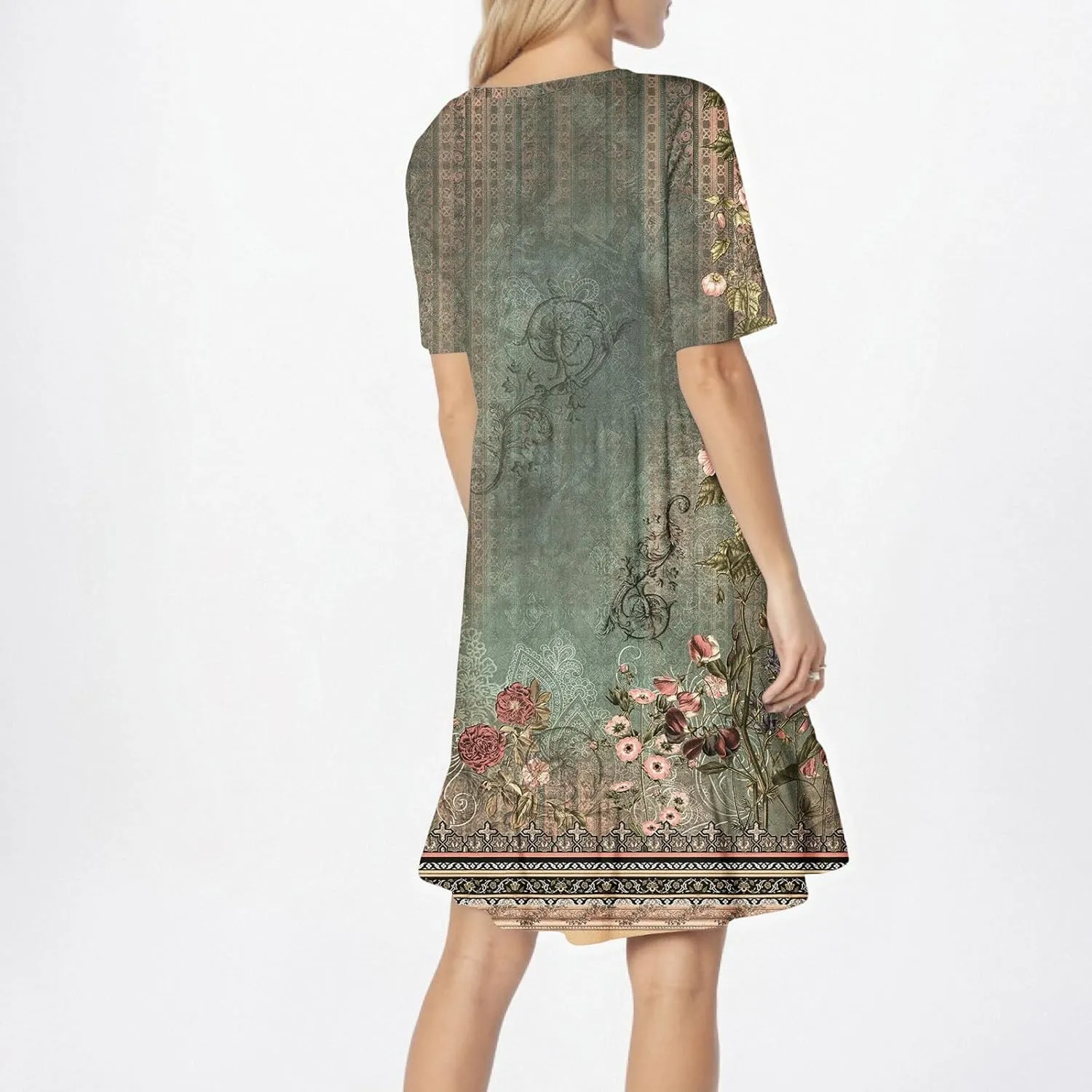 Floral Dress for Women Summer Boho U Neck Short Sleeve Beach Vacation Dresses Casual Fitted Midi Dress with Pockets