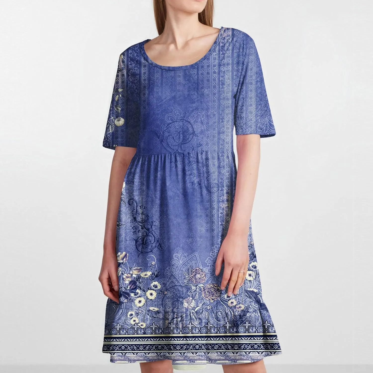 Floral Dress for Women Summer Boho U Neck Short Sleeve Beach Vacation Dresses Casual Fitted Midi Dress with Pockets