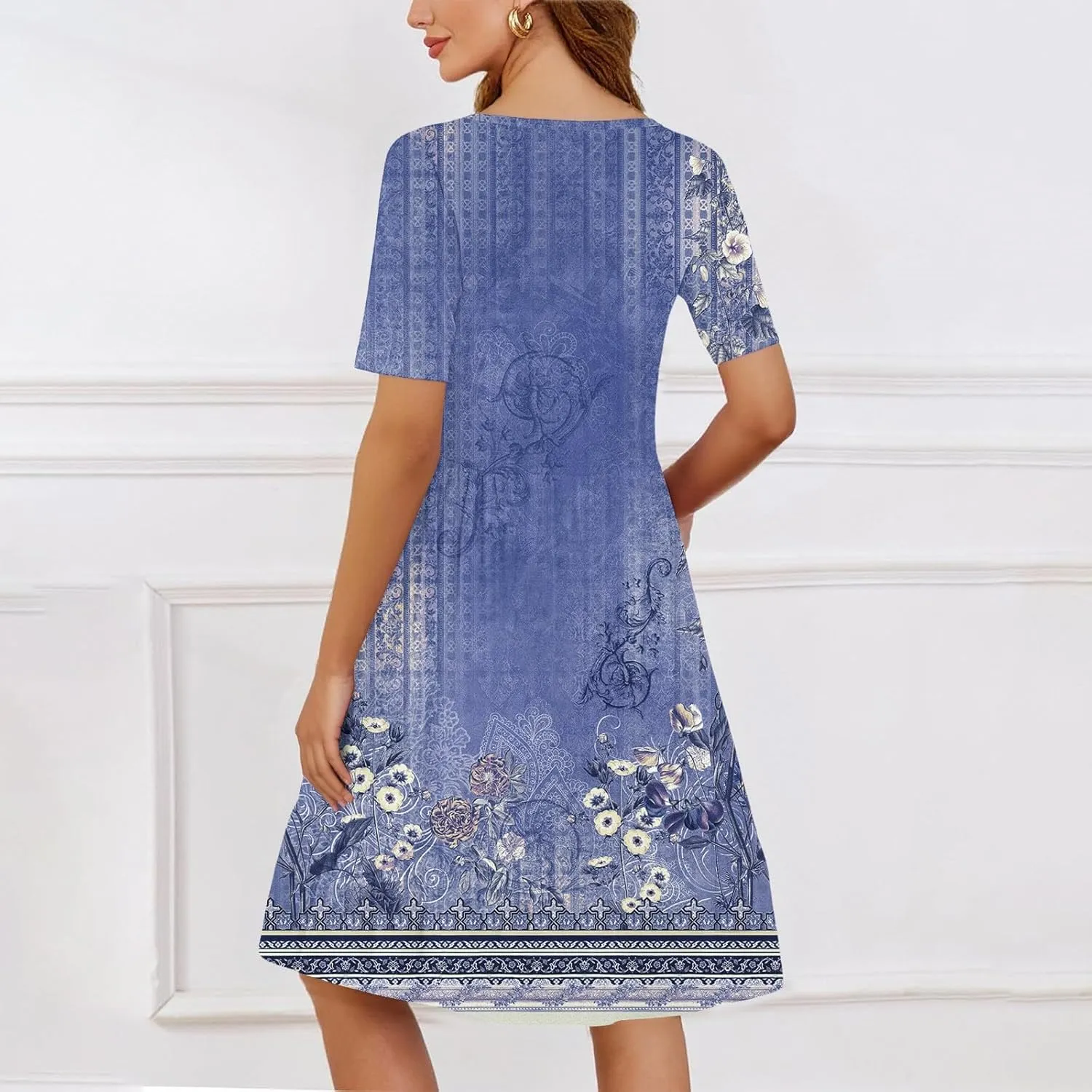 Floral Dress for Women Summer Boho U Neck Short Sleeve Beach Vacation Dresses Casual Fitted Midi Dress with Pockets