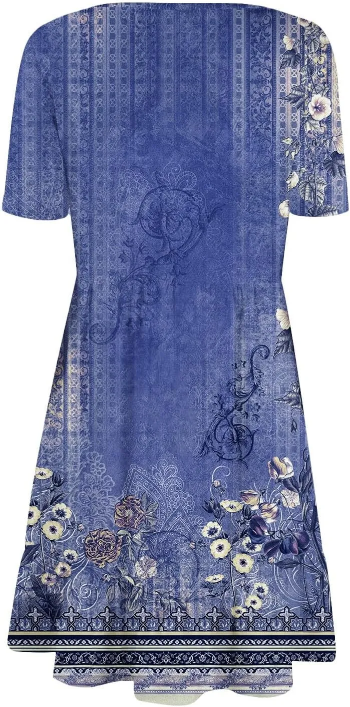 Floral Dress for Women Summer Boho U Neck Short Sleeve Beach Vacation Dresses Casual Fitted Midi Dress with Pockets