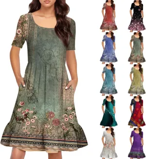 Floral Dress for Women Summer Boho U Neck Short Sleeve Beach Vacation Dresses Casual Fitted Midi Dress with Pockets