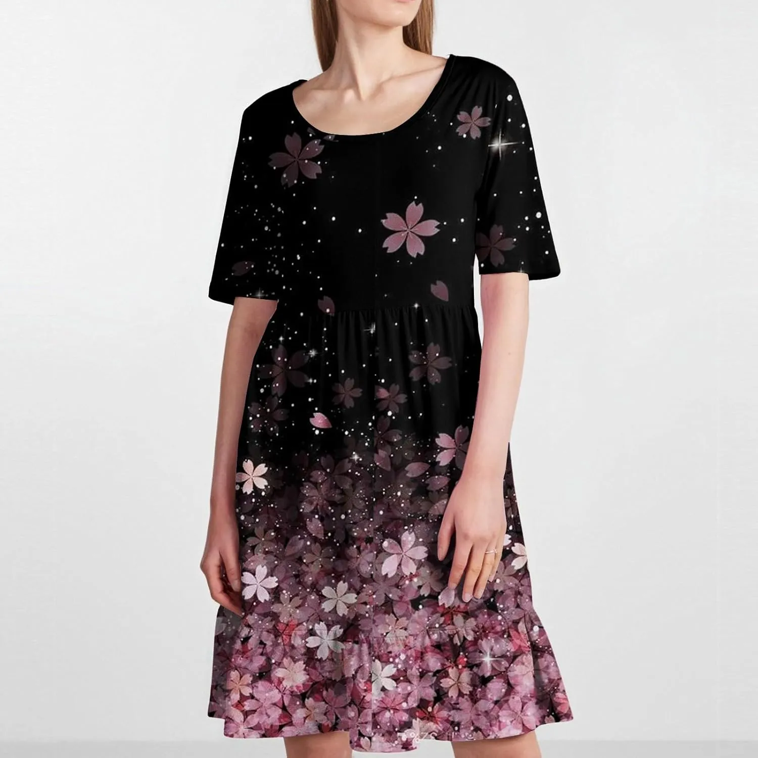Floral Dress for Women Summer Boho U Neck Short Sleeve Beach Vacation Dresses Casual Fitted Midi Dress with Pockets