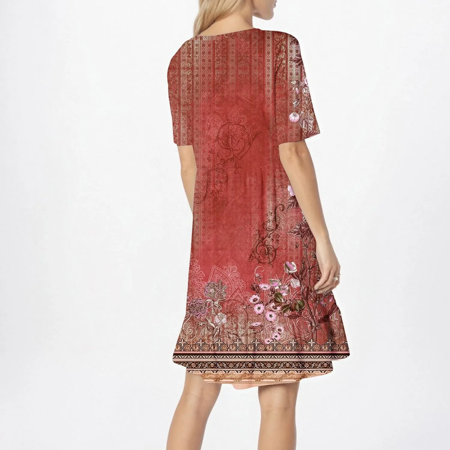 Floral Dress for Women Summer Boho U Neck Short Sleeve Beach Vacation Dresses Casual Fitted Midi Dress with Pockets