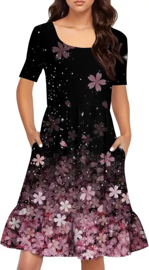 Floral Dress for Women Summer Boho U Neck Short Sleeve Beach Vacation Dresses Casual Fitted Midi Dress with Pockets