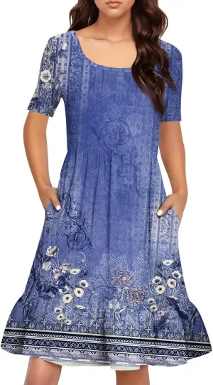 Floral Dress for Women Summer Boho U Neck Short Sleeve Beach Vacation Dresses Casual Fitted Midi Dress with Pockets