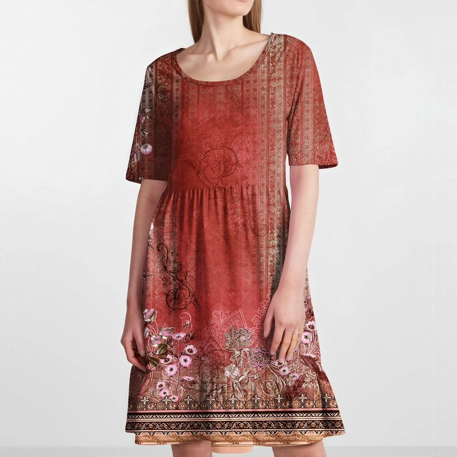 Floral Dress for Women Summer Boho U Neck Short Sleeve Beach Vacation Dresses Casual Fitted Midi Dress with Pockets