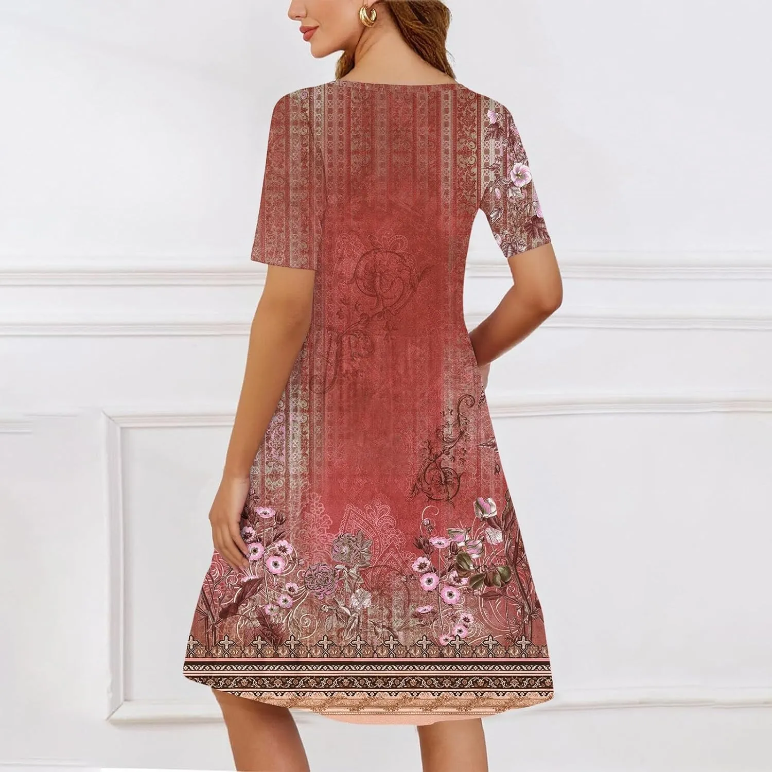 Floral Dress for Women Summer Boho U Neck Short Sleeve Beach Vacation Dresses Casual Fitted Midi Dress with Pockets