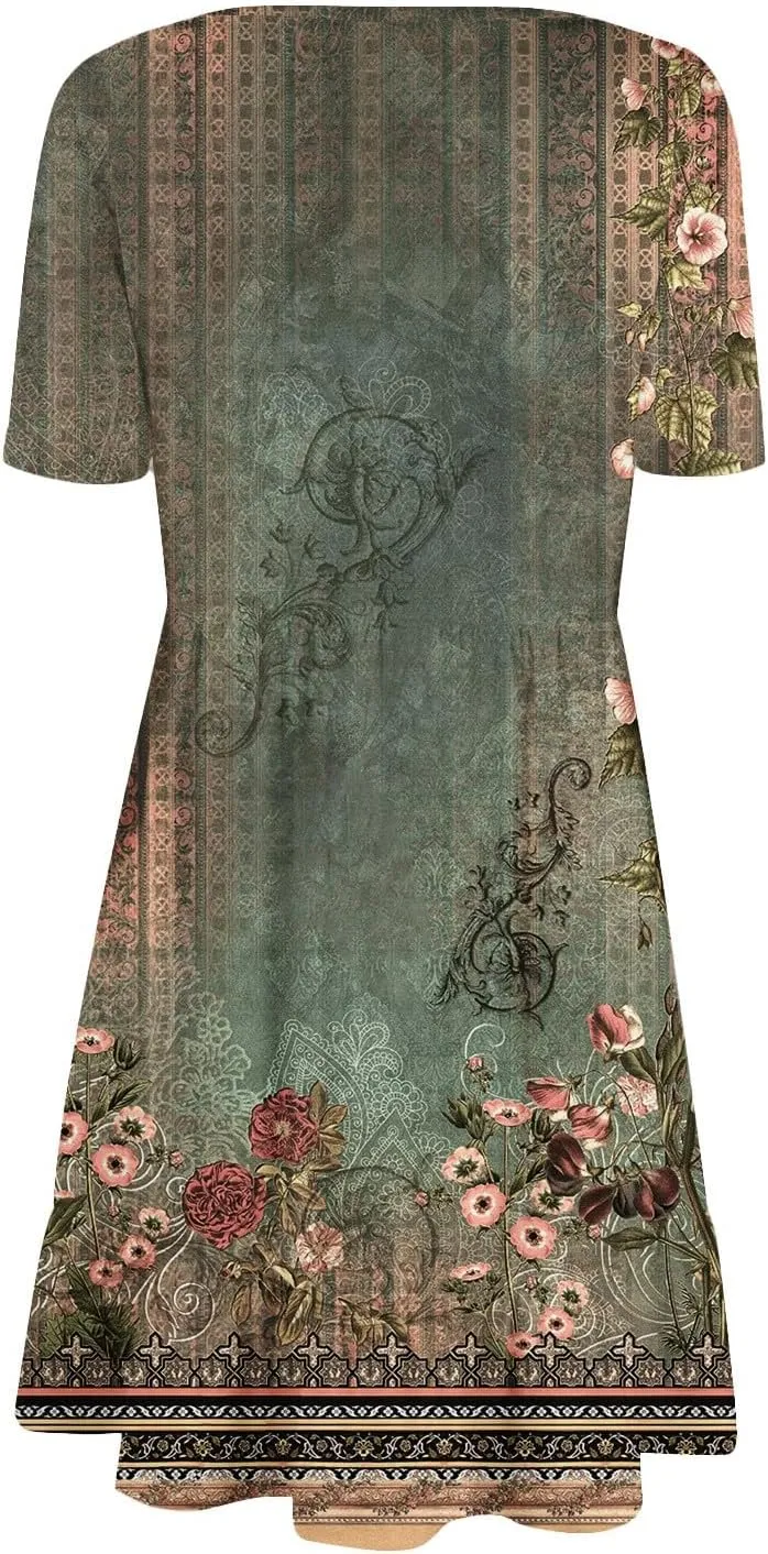 Floral Dress for Women Summer Boho U Neck Short Sleeve Beach Vacation Dresses Casual Fitted Midi Dress with Pockets