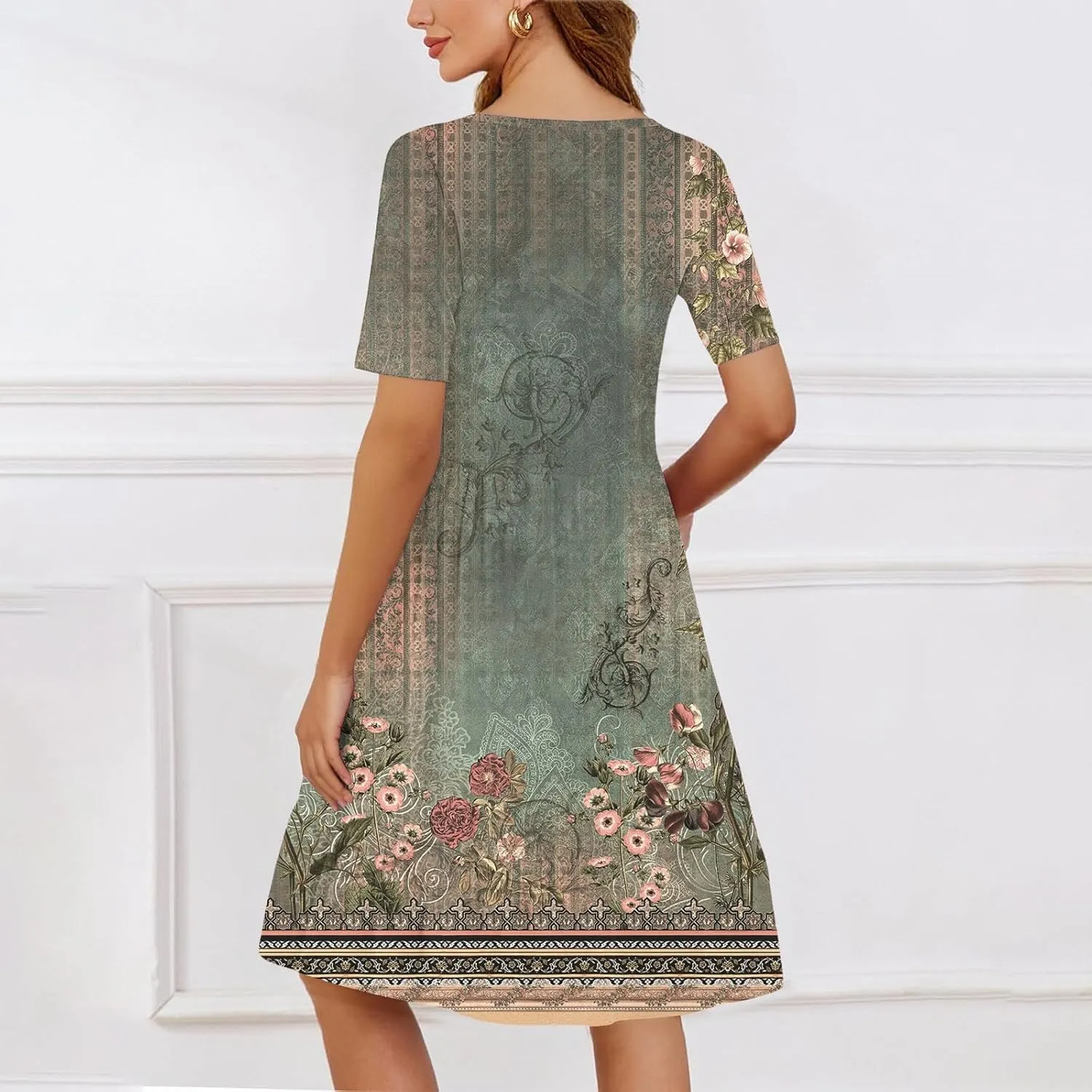 Floral Dress for Women Summer Boho U Neck Short Sleeve Beach Vacation Dresses Casual Fitted Midi Dress with Pockets