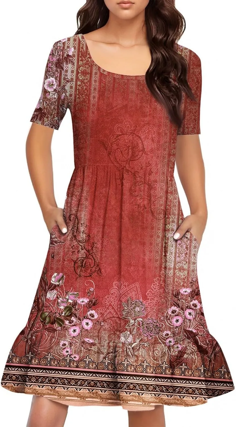 Floral Dress for Women Summer Boho U Neck Short Sleeve Beach Vacation Dresses Casual Fitted Midi Dress with Pockets