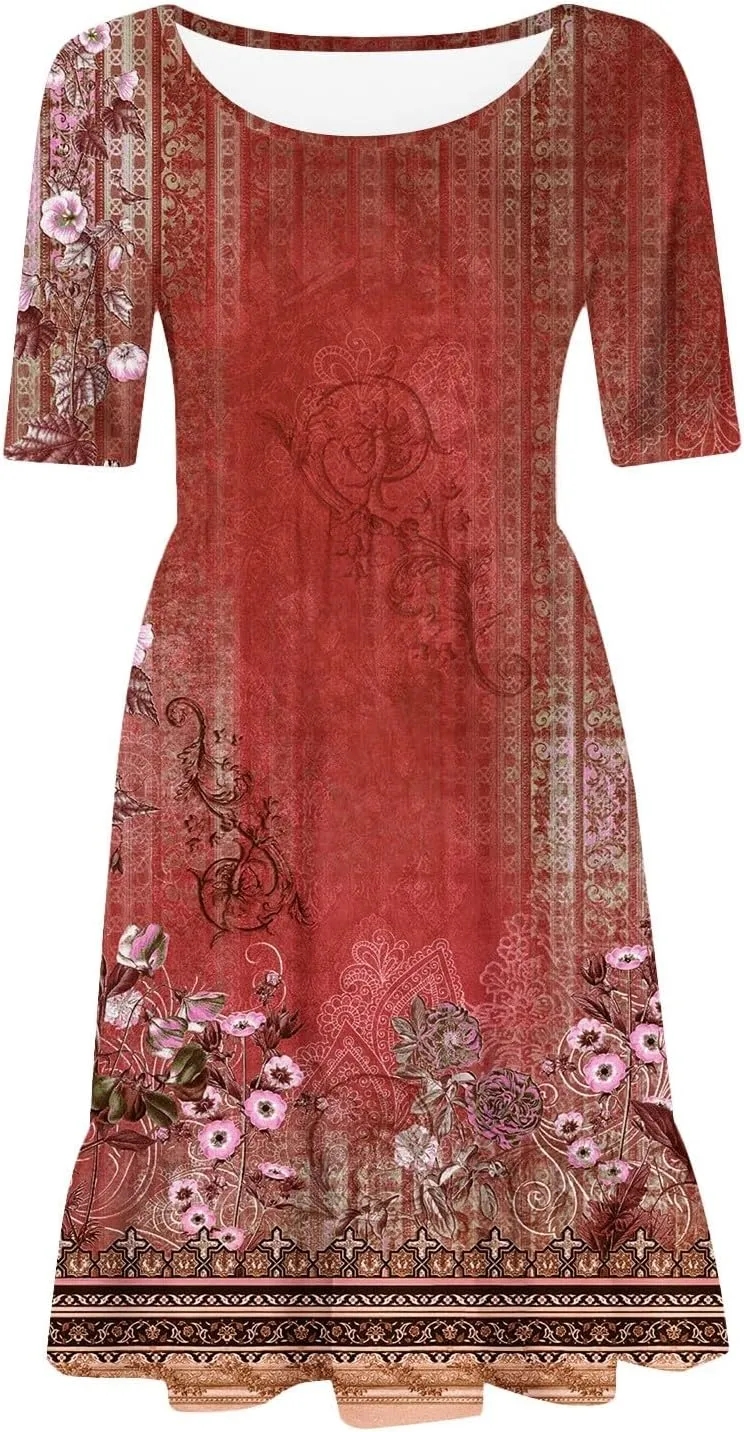 Floral Dress for Women Summer Boho U Neck Short Sleeve Beach Vacation Dresses Casual Fitted Midi Dress with Pockets