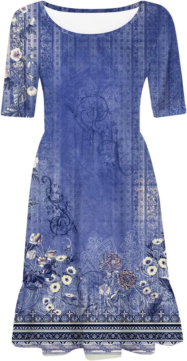 Floral Dress for Women Summer Boho U Neck Short Sleeve Beach Vacation Dresses Casual Fitted Midi Dress with Pockets