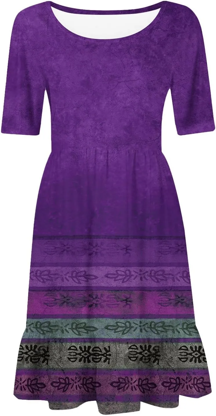 Floral Dress for Women Summer Boho U Neck Short Sleeve Beach Vacation Dresses Casual Fitted Midi Dress with Pockets