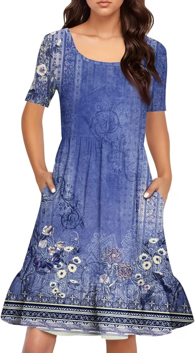 Floral Dress for Women Summer Boho U Neck Short Sleeve Beach Vacation Dresses Casual Fitted Midi Dress with Pockets