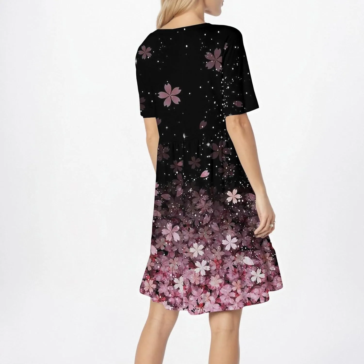 Floral Dress for Women Summer Boho U Neck Short Sleeve Beach Vacation Dresses Casual Fitted Midi Dress with Pockets
